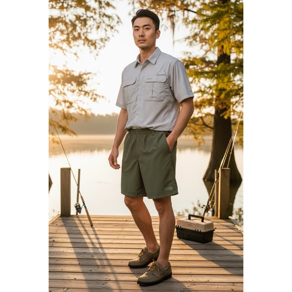 Columbia Men's L PFG Packable Pullon Basket Lined Nylon Shorts‎ Green Inseam 6"